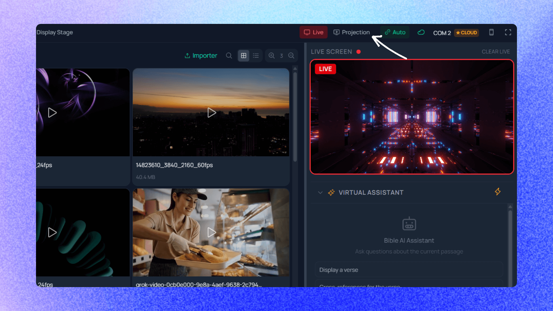 Barre de contrôle avec bouton Ouvrir projection