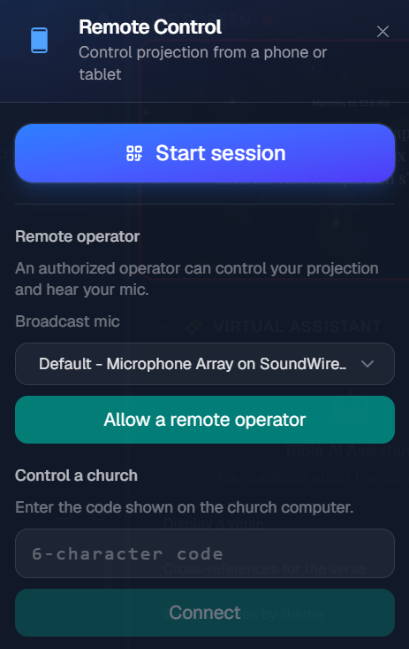 Panneau Remote Control : démarrer une session ou autoriser un opérateur distant